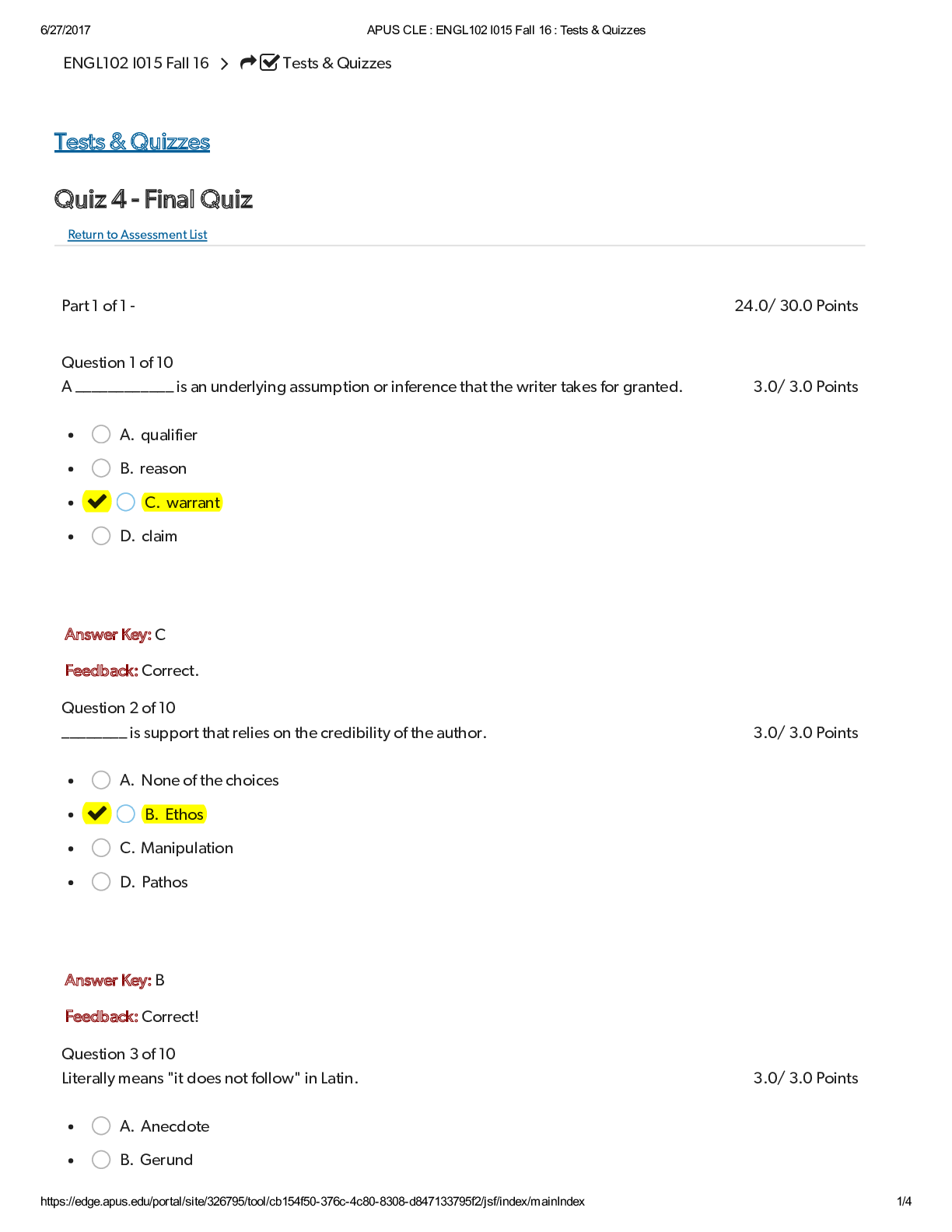 Preview of ENGL102 Quiz 4 Final Quiz
